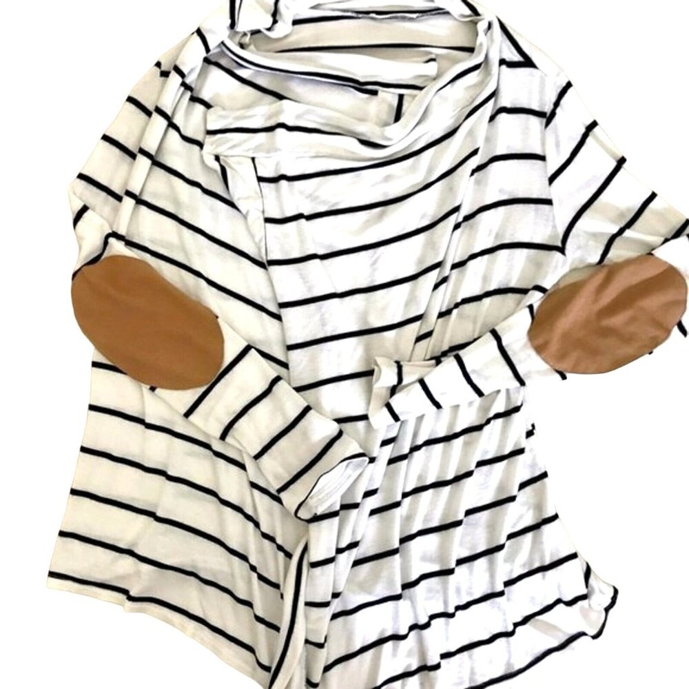 Mon‎ Ami Women's White Black Striped Waterfall Cardigan Academia Elbow Patches.